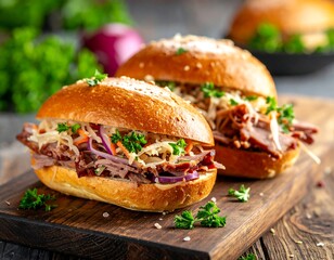 Delicious Pulled Pork Sandwiches with Coleslaw on a Wooden Board.