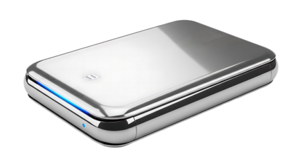 Silver portable power bank with blue light on white isolated on a transparent background