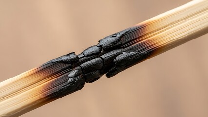 Macro shot of a burned matchstick, revealing charred remnants and delicate textures