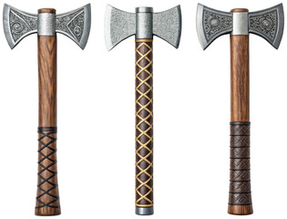 Intricately detailed, weathered steel hand axes with ornate circular designs on the axe heads and robust dark wood handles wrapped with textured leather cord,, isolated on transparent background.