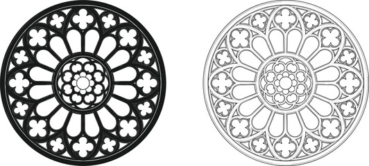 Gothic rose window architectural ornament set with black silhouette and linear outline for cathedral church design history and medieval art