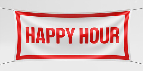 White banner with red border and red text Happy Hour sign word