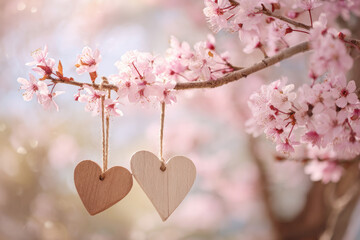 Two hearts hanging from a blooming  branch in a spring orchard.