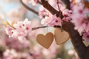 Two wooden hearts hanging from spring tree branch with blossoms.