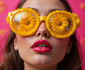 primer plano de una mujer con labios brillantes y brillantes y gafas enormes adornadas con vibrantes margaritas amarillas.