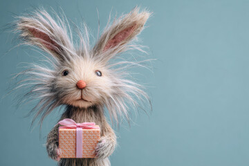 Funny adorable rabbit holding gift box. Copy space.