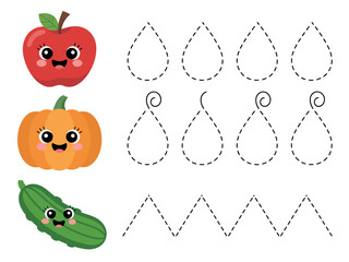 Cartoon Fruits and Vegetables Tracing Activity for Kids with Dotted Lines