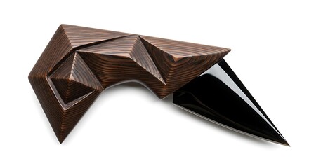 Abstract geometric wooden object with sharp black pointed end on white background dark wood
