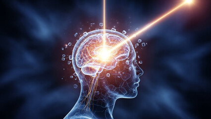 Glowing brain with neural connections and light beams