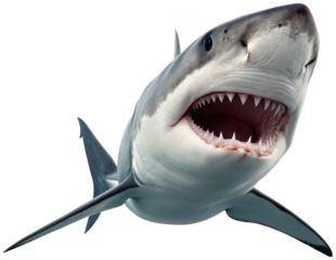 Powerful and menacing great white shark with smooth, grey skin and sharp, triangular teeth is depicted in a dynamic, open-mouth pose, showcasing its predatory, isolated on transparent background.