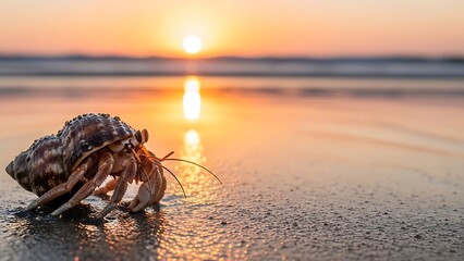 Hermit crab walking on wet sand at golden hour sunset beach reflection nature wildlife