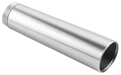 Sleek, cylindrical aluminum tube with a brushed metal finish and subtle radial lines, is diagonally positioned against a dark backdrop, illuminated by soft, isolated on transparent background.