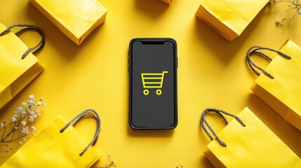 Shopping Cart Icon Displayed on Mobile Device Surrounded by Yellow Shopping Bags on Bright Background