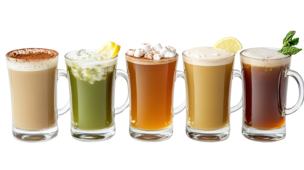 Assorted coffee drinks on transparent background