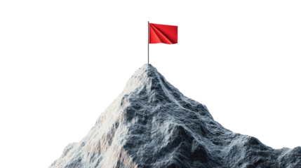 Mountain peak with red flag on transparent background
