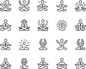 Obraz premium A set icon, health wellness, of simple, stylized line drawings show figures meditating or practicing yoga 
