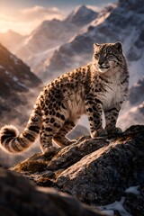 Majestic Snow Leopard on Himalayan Cliff at Golden Hour