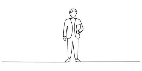 Continuous line drawing of a man in a suit holding a book, symbolizing professionalism