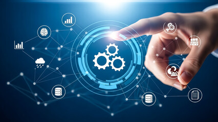 Business professional touching a futuristic digital interface displaying interconnected icons representing data processing automation and artificial intelligence concepts within a network structure