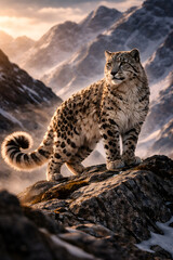 Majestic Snow Leopard on Himalayan Cliff at Golden Hour