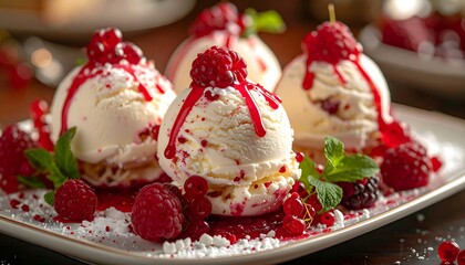 Delicious Raspberry Ice Cream Dessert with Fresh Berries and Mint.