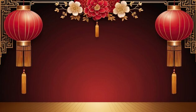 Elegant Chinese New Year background with red lanterns, golden traditional patterns, and festive floral decorations. Ideal for cultural celebrations, greetings, and promotional content.