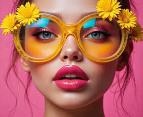 mujer con gafas y flores amarillas