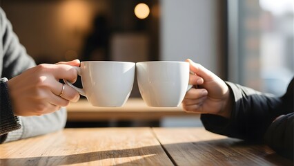 Two hands holding coffee cups in a cafe setting, symbolizing connection and shared moments over a warm beverage