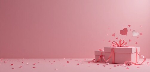 Pink gift boxes with ribbons and floating hearts on a soft pink background. Perfect for Valentine's Day, anniversaries, or romantic celebrations. Includes copy space.