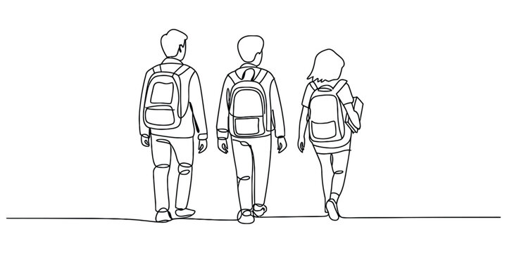 Three students with backpacks walking away, continuous line drawing