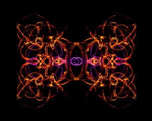 a long-exposure photograph of a fire performance, where a skilled performer spins flaming props like poi to create mesmerizing light trails and intricate patterns against the dark background