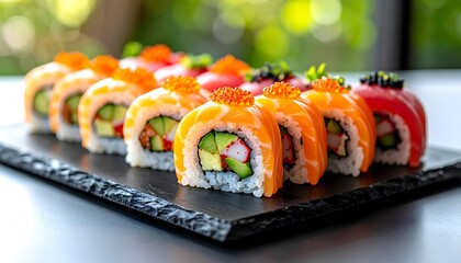 Delicious Salmon Sushi Rolls on a Black Slate Platter.