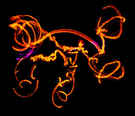 a long-exposure photograph of a fire performance, where a skilled performer spins flaming props like poi to create mesmerizing light trails and intricate patterns against the dark background