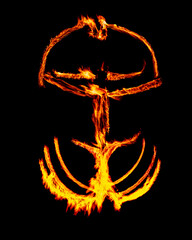 a long-exposure photograph of a fire performance, where a skilled performer spins flaming props like poi to create mesmerizing light trails and intricate patterns against the dark background