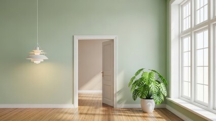 Minimalist interior design featuring a pale green wall doorway and natural light