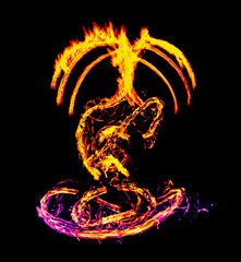 a long-exposure photograph of a fire performance, where a skilled performer spins flaming props like poi to create mesmerizing light trails and intricate patterns against the dark background