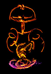 a long-exposure photograph of a fire performance, where a skilled performer spins flaming props like poi to create mesmerizing light trails and intricate patterns against the dark background