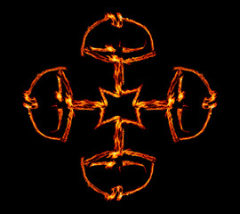 a long-exposure photograph of a fire performance, where a skilled performer spins flaming props like poi to create mesmerizing light trails and intricate patterns against the dark background