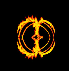 a long-exposure photograph of a fire performance, where a skilled performer spins flaming props like poi to create mesmerizing light trails and intricate patterns against the dark background