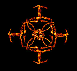 a long-exposure photograph of a fire performance, where a skilled performer spins flaming props like poi to create mesmerizing light trails and intricate patterns against the dark background