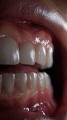 Obraz premium Ultra-realistic macro close-up of human teeth and gums inside an open mouth, dental health and dentistry concept