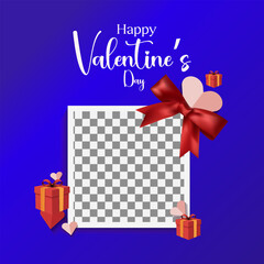 Happy Valentine&rsquo;s Day Greeting Card with Romantic Photo Frame, Red Ribbon Bow, Gift Boxes and Heart Decorations on Blue Background with Transparent Placeholder for Love Celebration Design