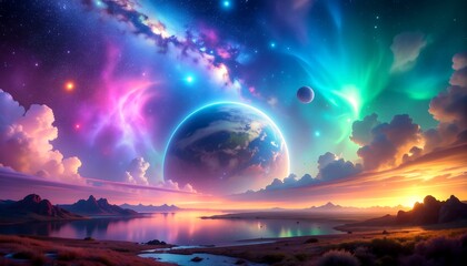 Vibrant Cosmic Landscape with Planet and Aurora.