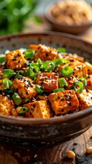 Delicious Spicy Tofu Bowl with Green Onions and Sesame Seeds.