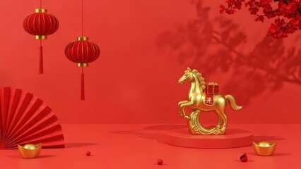 Golden Horse Figurine with Red Lanterns and Fan on Red Background, Chinese New Year Year of the Horse Festive Decoration