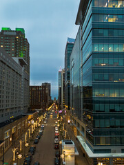 Aerial view of Fayetteville Street in downtown Raleigh NC at night during the winter holidays