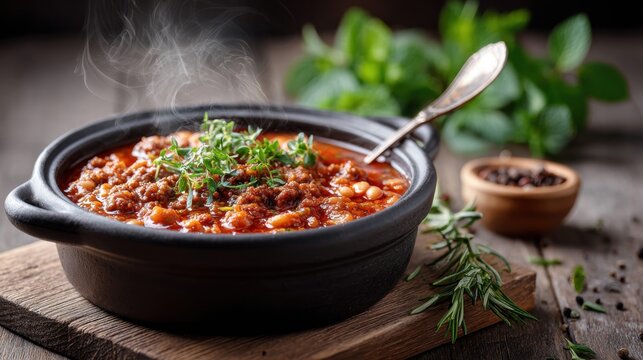A steaming bowl of hearty chili garnished with fresh herbs, ready to be enjoyed.