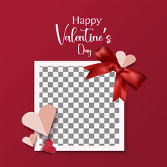 Happy Valentine&rsquo;s Day Greeting Card with Romantic Photo Frame, Red Ribbon Bow, Heart Decorations and Transparent Placeholder Background for Love Celebration Design