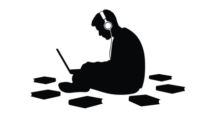 Silhouette of young adult student wearing headphones studying on laptop computer surrounded by books in quiet peaceful environment