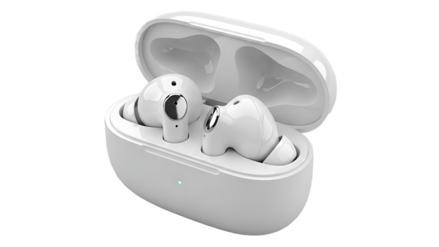 White wireless earbuds in open charging case on gray background isolated on a transparent background - Powered by Adobe